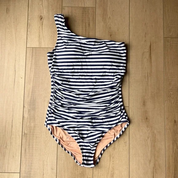 J. Crew Striped Ruched One-Shoulder Swimsuit - Picture 1 of 8